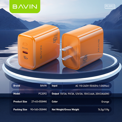 BAVIN PC2092 40W PD GaN Fast Charging Adapter USB-C Wall Charger for Laptop, iPhone 5-17 &Type-C Devices