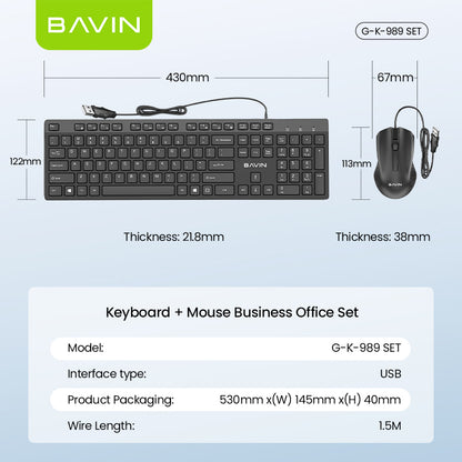 BAVIN K989 Wired Keyboard & Mouse Set Extra Durable & Splashproof Compatible for Computer / Laptop