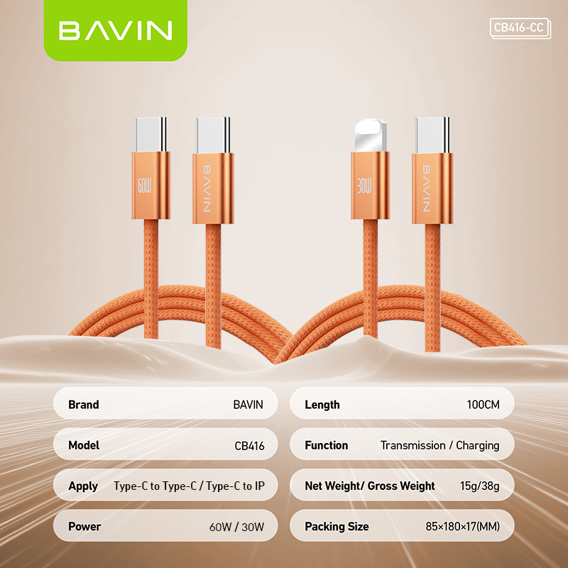 BAVIN CB416 Fast Charging PD 60W Braided 1M Data Cable Type-C to Type-C/Type-C to iPhone|480 Mbps Compatible with iPhone 15-17 & Type-C Devices