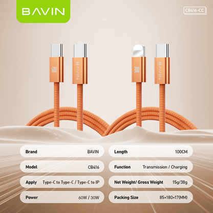 BAVIN CB416 Fast Charging PD 60W Braided 1M Data Cable Type-C to Type-C/Type-C to iPhone|480 Mbps Compatible with iPhone 15-17 & Type-C Devices
