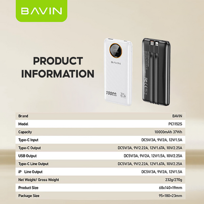BAVIN Y-PC1152 10000mAh Fast Charging Powerbank 22.5W w/ LED Display & Built-in Dual Cables Type-C / iPhone