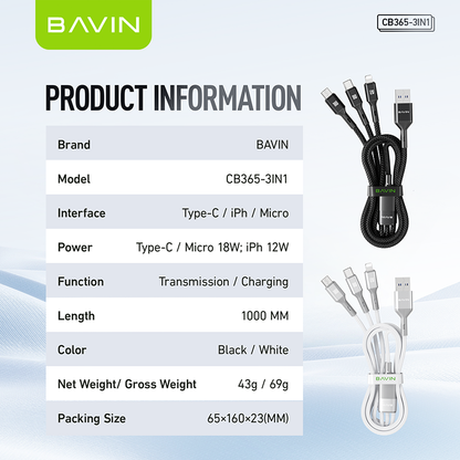 BAVIN CB365 3-in-1 Fast Charging Cable Nylon Braided 3A 480Mbps Data Transfer for Type-C/Micro/iPhone