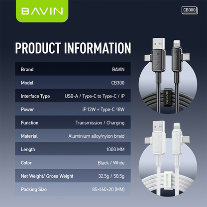 BAVIN CB300 4 in 1 PD 12W + Type-C 18W Fast Charging Data Cable Nylon Braid Data Transfer for Phones