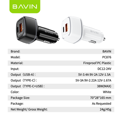BAVIN PC876 38W Fast Charging PD QC 3.0 Dual Port Car Charger USB-C + USB-A For iPhone 17 series / Android