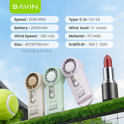 BAVIN BF020 Mini Portable Handheld Fan 5-Speed Strong Wind w/2000mAh Rechargeable Table Fan + Lanyard