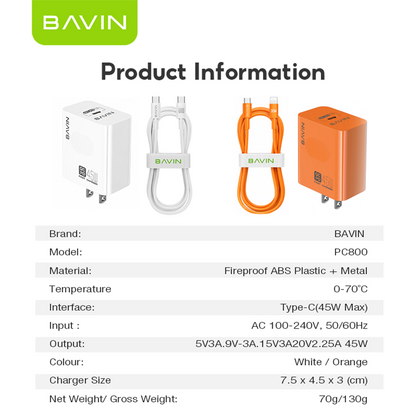 BAVIN PC800 45W PD Fast Charging Adapter Type-C Port Supports for iPhone 17 & Laptop w/ Date Cable