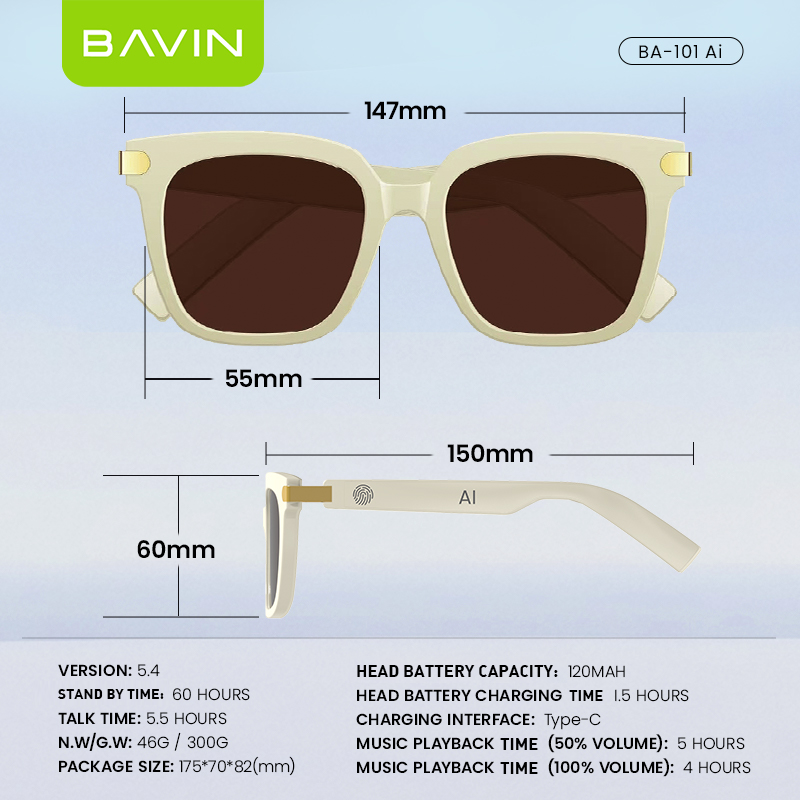 BAVIN BA101 Ai Smart Translation Sunglasses BT 5.4 w/ 130+ Languages, Open-Ear Hi-Fi Sound, Touch Control & UV Protection