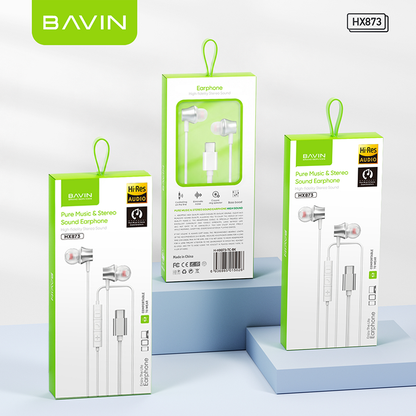 BAVIN HX873 Universal Hi-Res Audio Sound Type-C Wired Earphone Built Mic for iPhone 15-17 & Android Devices