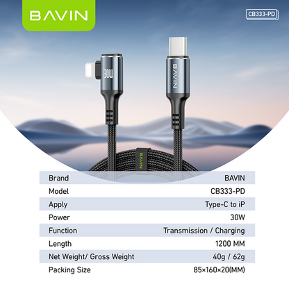 BAVIN CB333 30W Super Fast Charging 2M Nylon Braided & Data Transfer Cable Compatible For Type-C to iPh