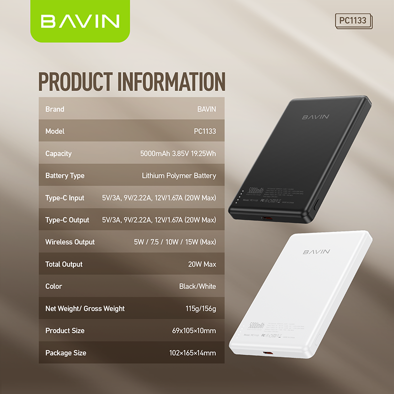 BAVIN Y-PC1133 5000mAh Ultra Thin Magnetic Wireless Powerbank w/ 20W Fast Charging Type-C In / Output for Smartphones
