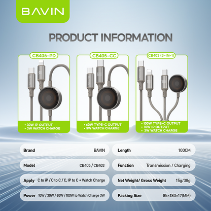 BAVIN CB405 60W 2-in-1 Magnetic Charging Cable Fast Charge & 1m Data Cable w/ 3W Smartwatch Magnetic Charger