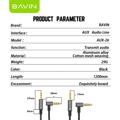 BAVIN H-3.5-AUX26 Universal 3.5mm Audio Jack Cable 1.2m Nylon Braided w/ 90° Angle for Speaker, TV, Computer & Phones