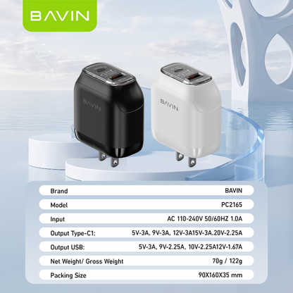 BAVIN PC2165 45W PD QC3.0 USB-C+22.5W USB Fast Charging Charger w/ 1M Cable for iPh 17/Android/Laptop