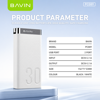 BAVIN PC089 30000mAh Large Capacity Powerbank w/ Flashlight / Micro & Type-C Input / 2x USB Output