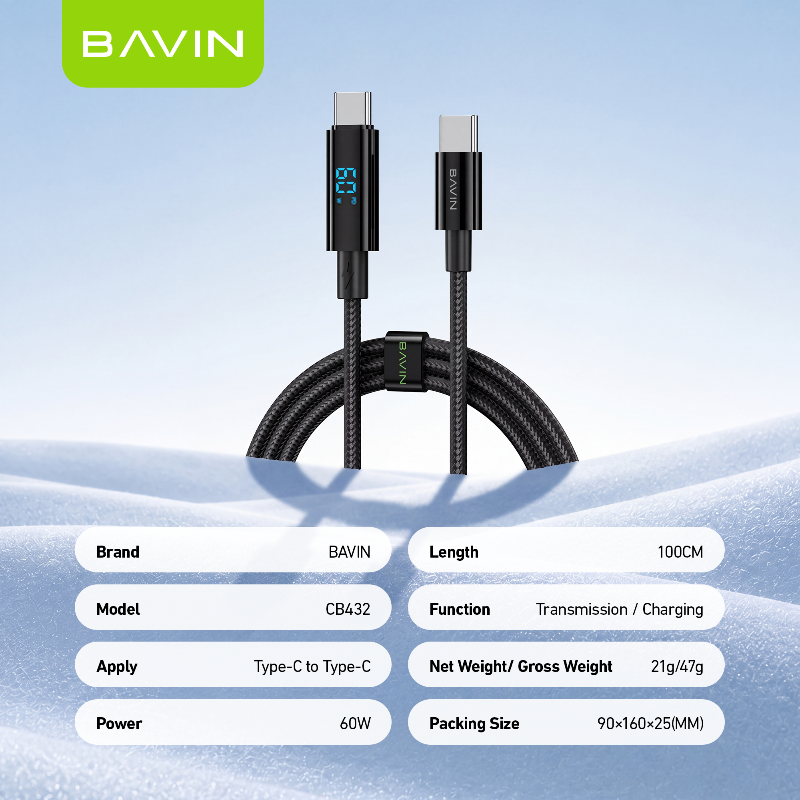 BAVIN CB432 60W PD USB C Fast Charging Data Cable 1M w/ LED Digital Display, Braided Nylon For iPhone 18