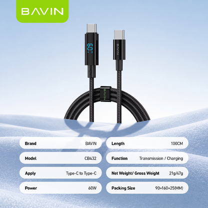 BAVIN CB432 60W PD USB C Fast Charging Data Cable 1M w/ LED Digital Display, Braided Nylon For iPhone 18