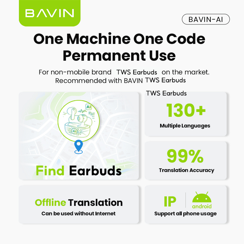 BAVIN HB-BA-100 Wireless Bluetooth Earbuds w/ Hi-Res Audio, Touch Control, AI Voice Assistant, Real-Time Transcription