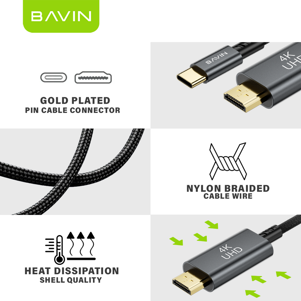 BAVIN HD26 4K High Speed USB-C to HDMI Adapter Cable Plug & Play for T