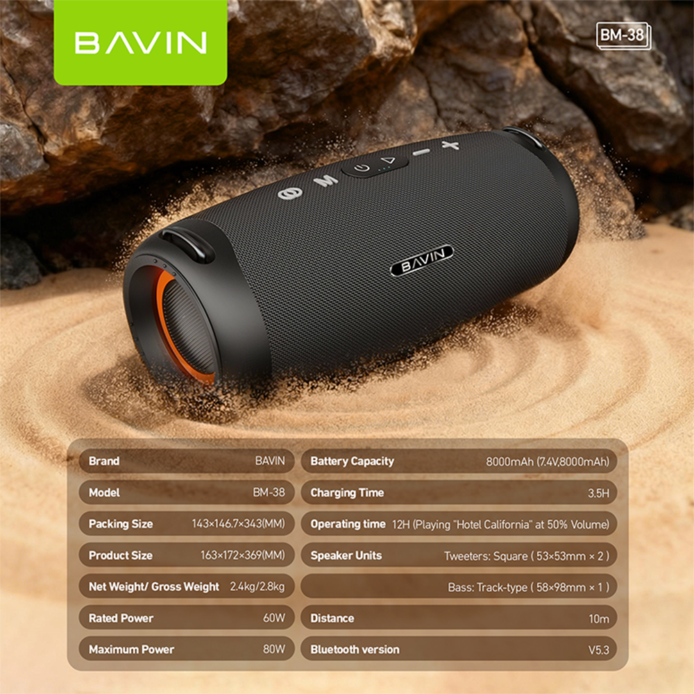 BAVIN BM38 Portable Party Bluetooth 5.3 Wireless Speaker w/ RGB Lights & 80W Powerful Sound