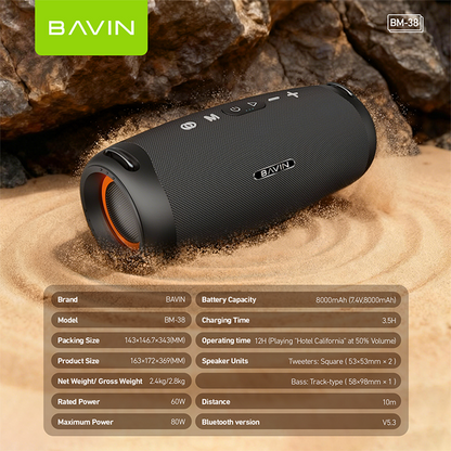 BAVIN BM38 Portable Party Bluetooth 5.3 Wireless Speaker w/ RGB Lights & 80W Powerful Sound