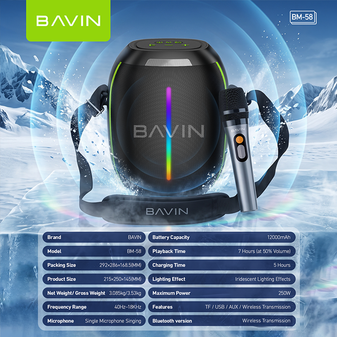 BAVIN BM58 250W Portable Party Bluetooth Karaoke Speaker 12000mAh with RGB LED Lights & Wireless Mic