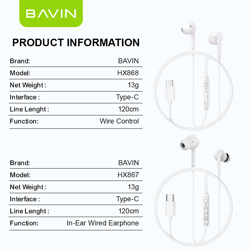 BAVIN H-C-HX868 / H-C-HX867 HiFi Audio Stereo Sound Wired Controller Earphone for Type-C Phones Tablet Laptop