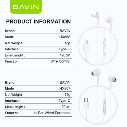 BAVIN H-C-HX868 / H-C-HX867 HiFi Audio Stereo Sound Wired Controller Earphone for Type-C Phones Tablet Laptop