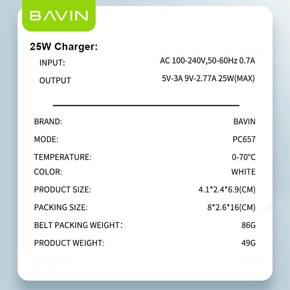 BAVIN PC657 25W PD Fast Charging Adapter Type-C Power Delivery Charging Compatible for iPhone 17