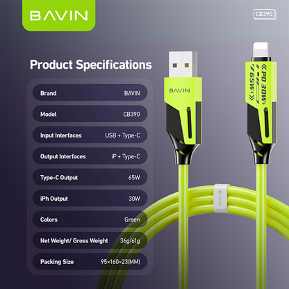 BAVIN CB390 4in1 65W PD Fast Charging Cable/Type-C to Type-C Multi-function for Laptop, iPhone & Android