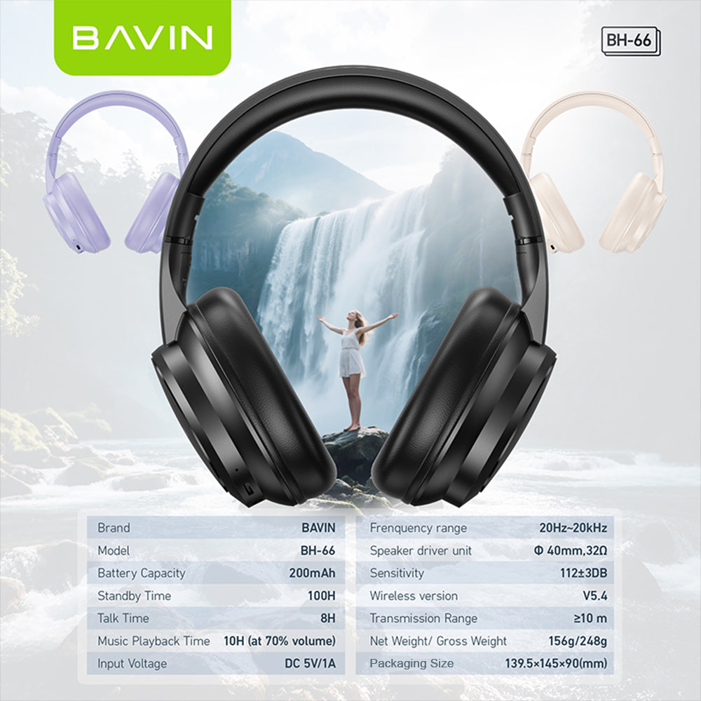 BAVIN HB-BH66 Wireless Bluetooth 5.4 Headphones HiFi Stereo Sound, Foldable & Adjustable Design w/ 3.5mm Audio Jack Support