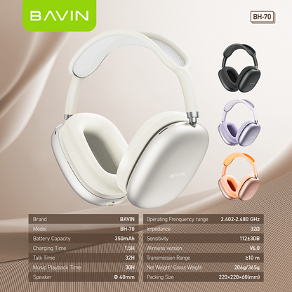 BAVIN HB-BH70 Wireless Bluetooth 6.0 Headphones |40mm Hi-Res Headset w/ Magnetic removable Earpads
