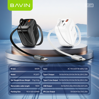 BAVIN PC2077 PD 45W QC3.0 Portable Fast Charging Adapter Charger w/ 70cm Retractable Cable + Foldable AC Plug