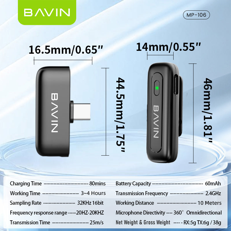 BAVIN MP106 Wireless Lavalier Type-C Port Microphone w/ 360° Sound Pick Up For Vlog & Live Stream