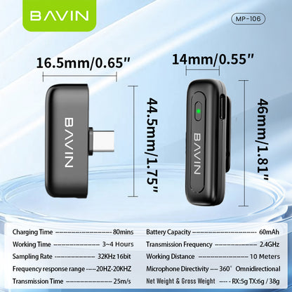 BAVIN MP106 Wireless Lavalier Type-C Port Microphone w/ 360° Sound Pick Up For Vlog & Live Stream
