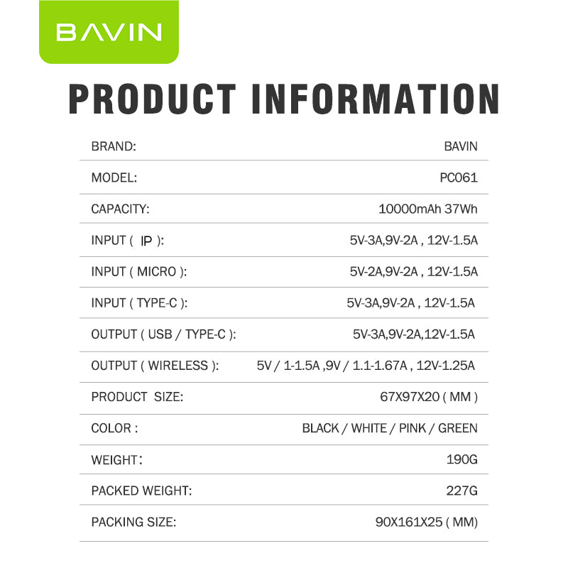 BAVIN Y-PC061 10000mAh Wireless Magnetic Powerbank w/ 22.5W PD Fast Charging