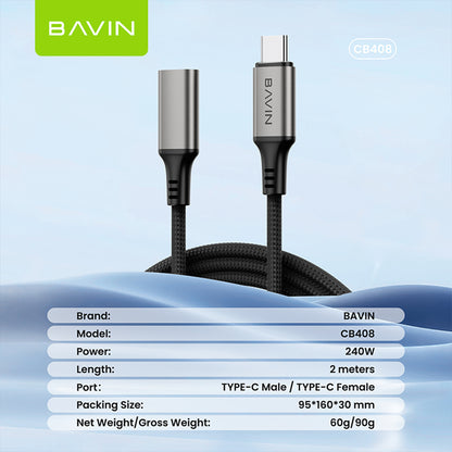 BAVIN CB408 USB Type-C 3.2 Male to Female PD 240W Fast Charing 2M Extension Data Cable 20Gbps Speed