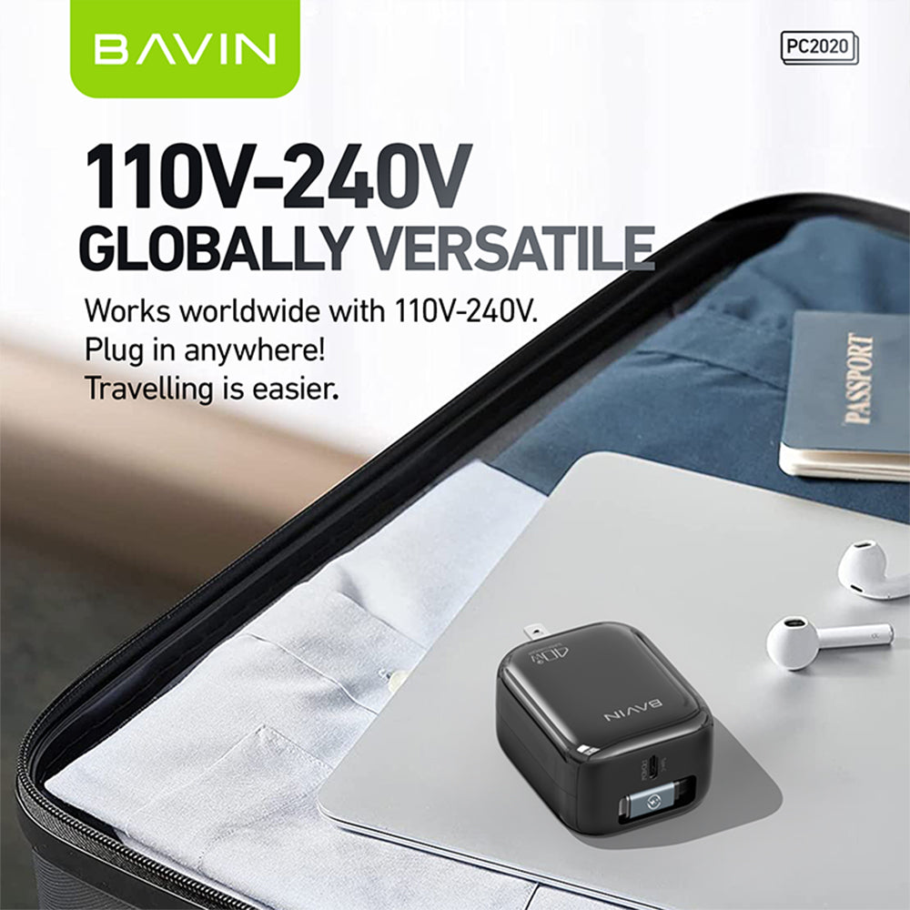 BAVIN PC2020 40W PD Fast Charging AC Adapter Built in Retractable iPhone Cable for iPhone 17/Android /Laptop