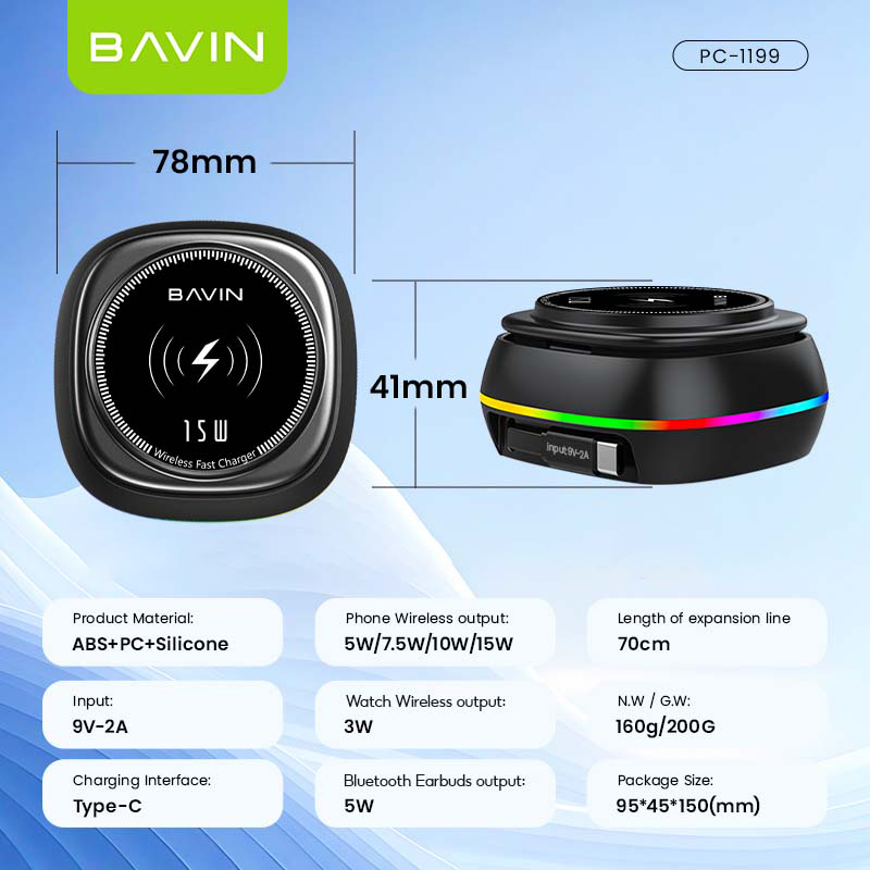 BAVIN C-W-PC1199 3in1 Magnetic Wireless Charger 15W Retractable Type-C Input & Foldable Stand for Phone Watch & Earbuds