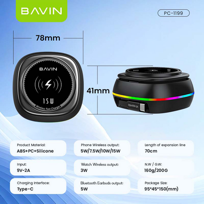 BAVIN C-W-PC1199 3in1 Magnetic Wireless Charger 15W Retractable Type-C Input & Foldable Stand for Phone Watch & Earbuds