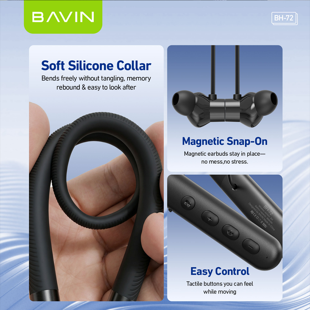 BAVIN BH72 HiFi Bluetooth 6.0 Wireless Magnetic Neckband Sports Headphones 55H Playtime Built-in Mic