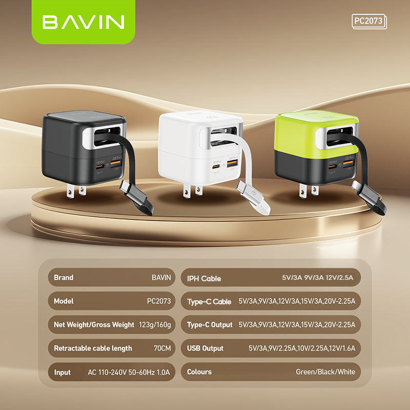 BAVIN C-PC2073 45W PD Fast Charger w/ Built-in Retractable Type-C & iPh Cable, Compatible w/ Smartphone / Laptop & Tablets