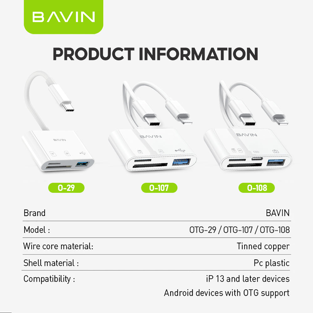 BAVIN O29 / O108 6in1 OTG Card Reader Adapter Type-C and iPhone To TF/SD+USB w/ 5Gbps Transmission