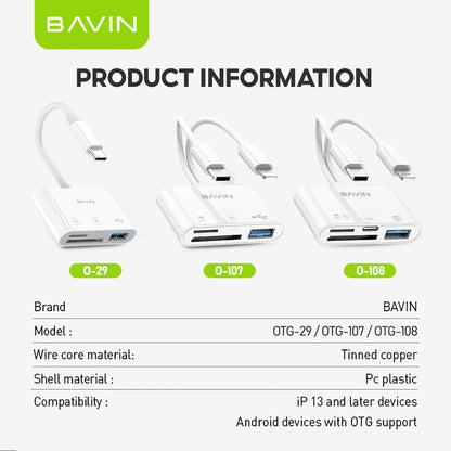 BAVIN O29 / O108 6in1 OTG Card Reader Adapter Type-C and iPhone To TF/SD+USB w/ 5Gbps Transmission