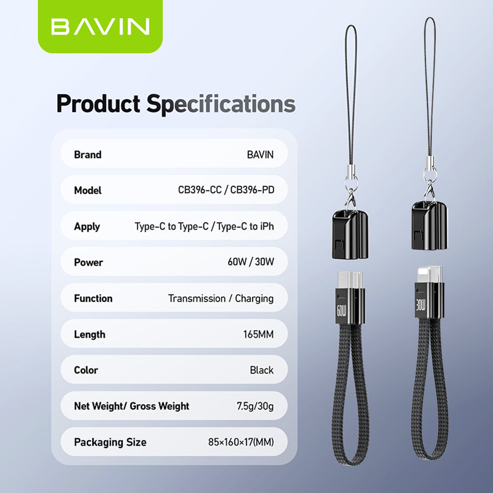 BAVIN U-CB396 60W PD Mini Fast Charging Lanyard Data Cable Type-C to Type-C & Type-C to iPh for Phone & Powerbank