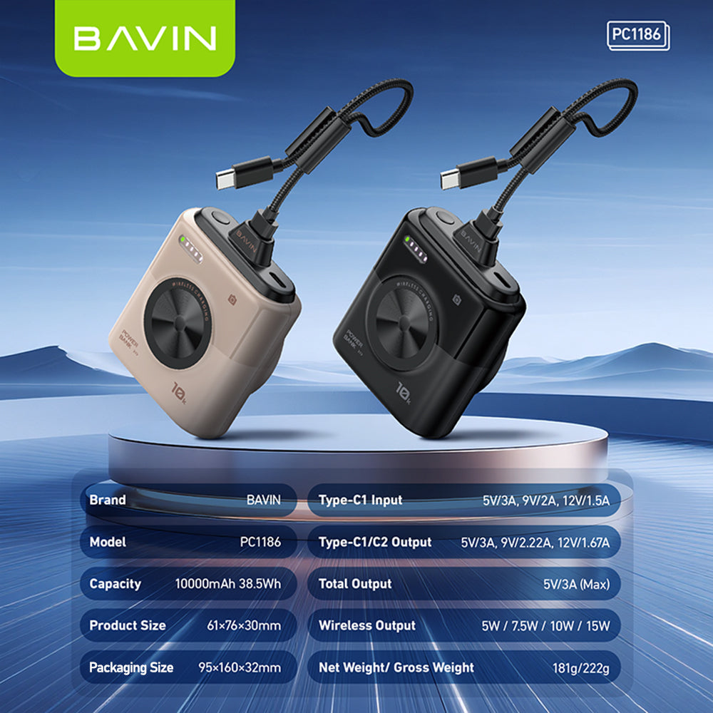 BAVIN Y-PC1186 10000mAh Mini Portable Magnetic Powerbank Wireless 15W Fast Charging w/ Detachable Dual Type-C Data Cable