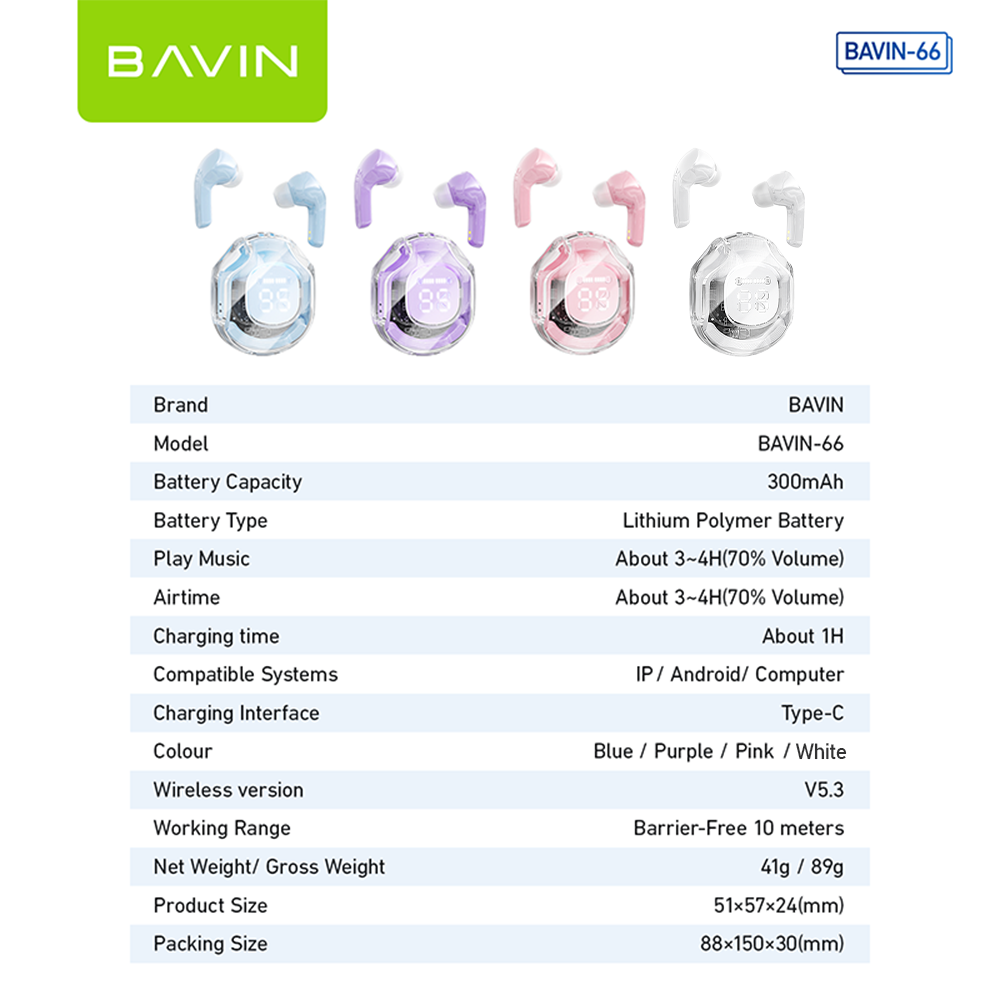 BAVIN BA66 TWS Bluetooth Earphone w/ Stereo Audio Sounds & Built-in Mic