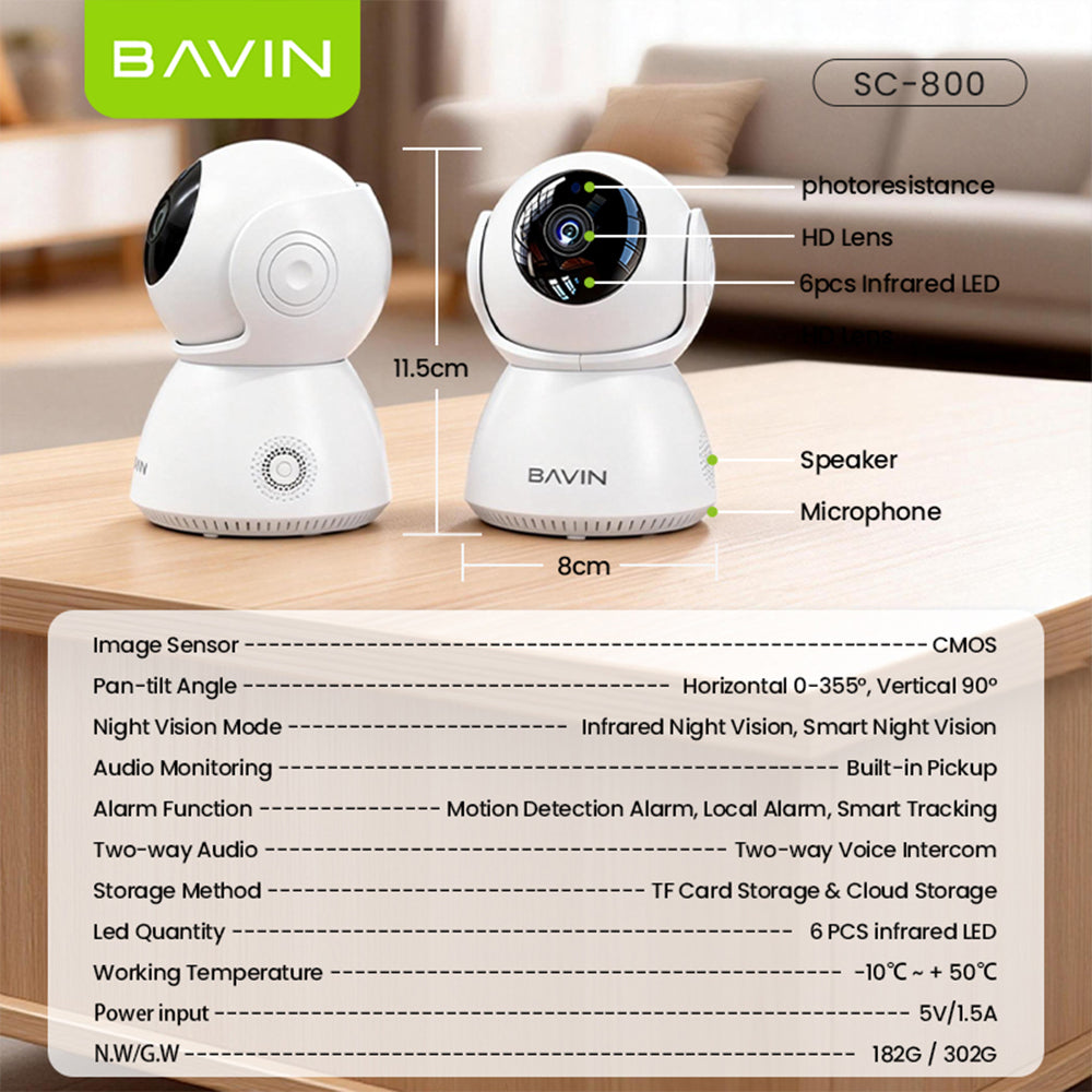 BAVIN SC800 3MP Pan/Tilt Home Security WiFi CCTV Camera | 2-Way Audio & App Control w/ Wall Stand