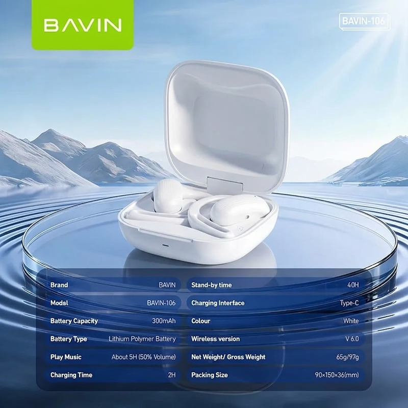 BAVIN BA106 Hi-Fi Open-Ear Wireless Bluetooth 6.0 Earbuds w/ Type-C Fast Charging for Smartphones
