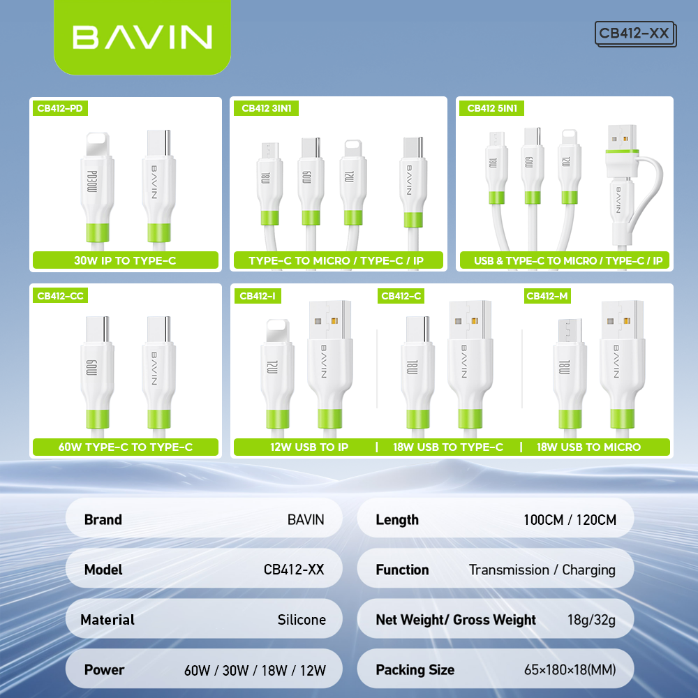 BAVIN CB412 1m/1.2m Fast Charging Cable Supports 12W/18W/30W/60W for Micro/iPhone/ Type-C & High Speed