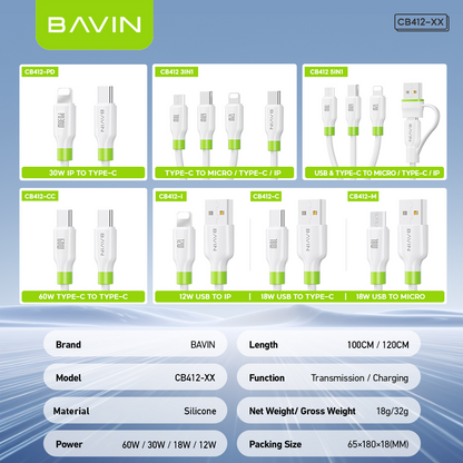 BAVIN CB412 1m/1.2m Fast Charging Cable Supports 12W/18W/30W/60W for Micro/iPhone/ Type-C & High Speed